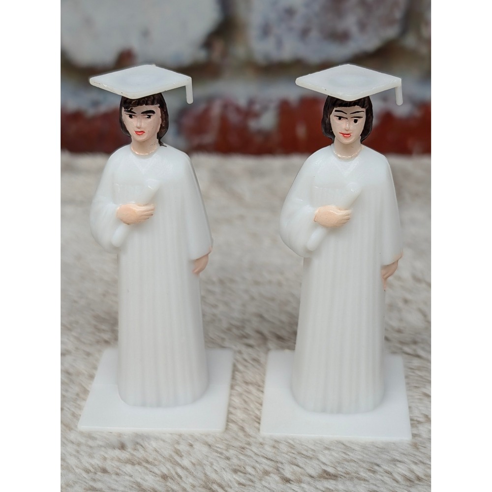 Vintage Graduation Cake Toppers Pair White Cap Gown Diploma Plastic Figures